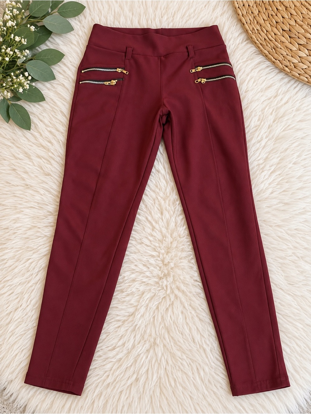 Women's Burgundy Ponte Zip-Accent Pants